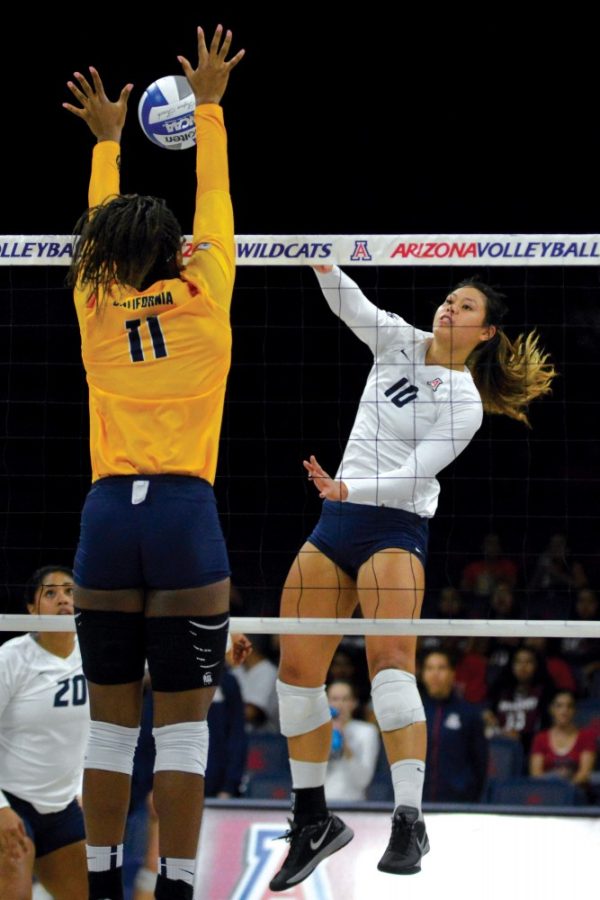 Arizona+outside+hitter+Kalei+Mau+%2810%29+spikes+against+Cal+on+Friday%2C+Oct.+2%2C+in+McKale+Center.+Mau+leads+the+Wildcats+in+kills+this+season+with+385%2C+inlcuding+an+average+of+4.53+per+set.