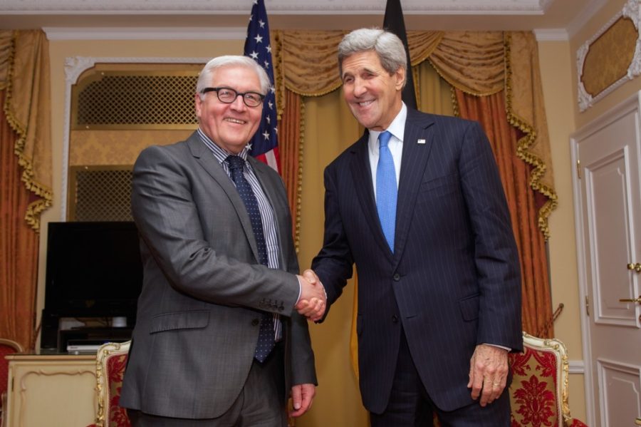 U.S. Secretary of State John Kerry shakes hands with German Foreign Minister Frank-Walter Steinmeier in Vienna, Austria, on November 22, 2014, before a bilateral meeting about the status of the nuclear program negotiations between the P5+1 nations and Iranian officials.