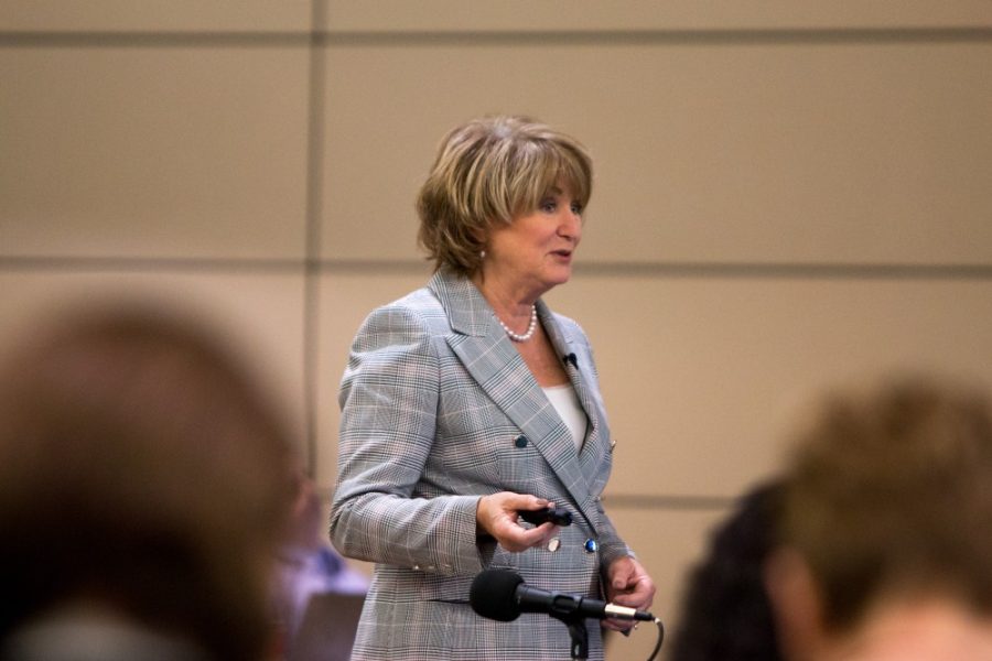 UA President Ann Weaver Hart addresses the ABOR at the UA Student Union on Thursday, Nov. 19. Her speech covered many topics which would head off the days discussions.