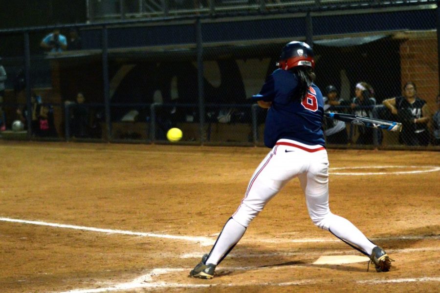 Arizona+pitcher+and+first+baseman+Nancy+Bowling+%286%29+prepares+to+swing+against+Pima+at+Hillenbrand+Stadium+on+Sunday%2C+Nov.+1.+Bowling+pitched+in+a+combined+no+hitter+and+hit+a+home+run+this+weekend+in+the+Arizona+Invitational.