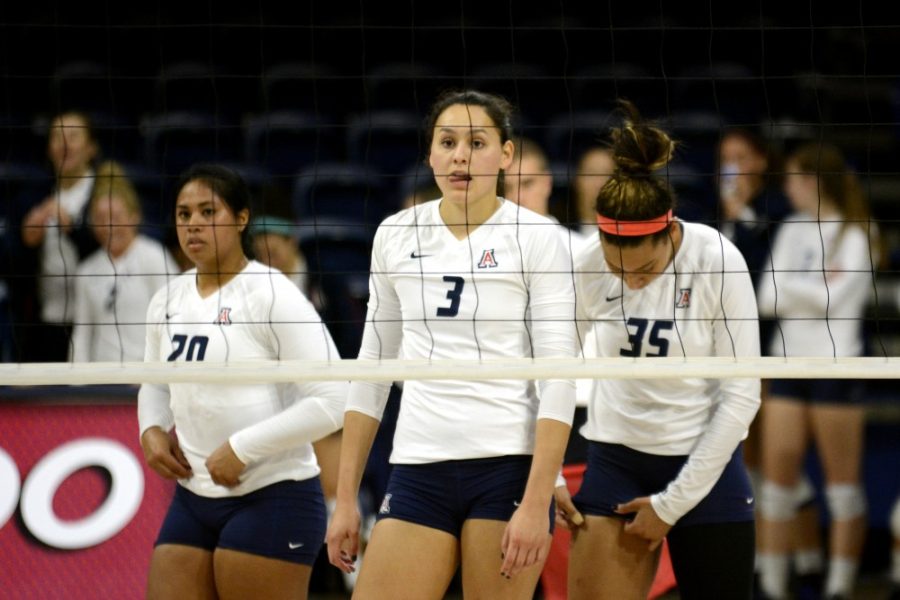 Arizona middle blocker Halli Amaro (3) stands with teammates ready for the next set in McKale Center on Sunday, Sept. 27. Amaro led the Wildcats in kill percentage (.318) and blocks per set (.98) while finishing fourth in points (280.5).