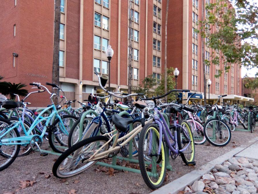 The bicycle racks outside Coronado Residence Hall jammed with bikes for the 776 students that live in the dorm. In September UAPD will start a Traffic Education and Enforcement program.