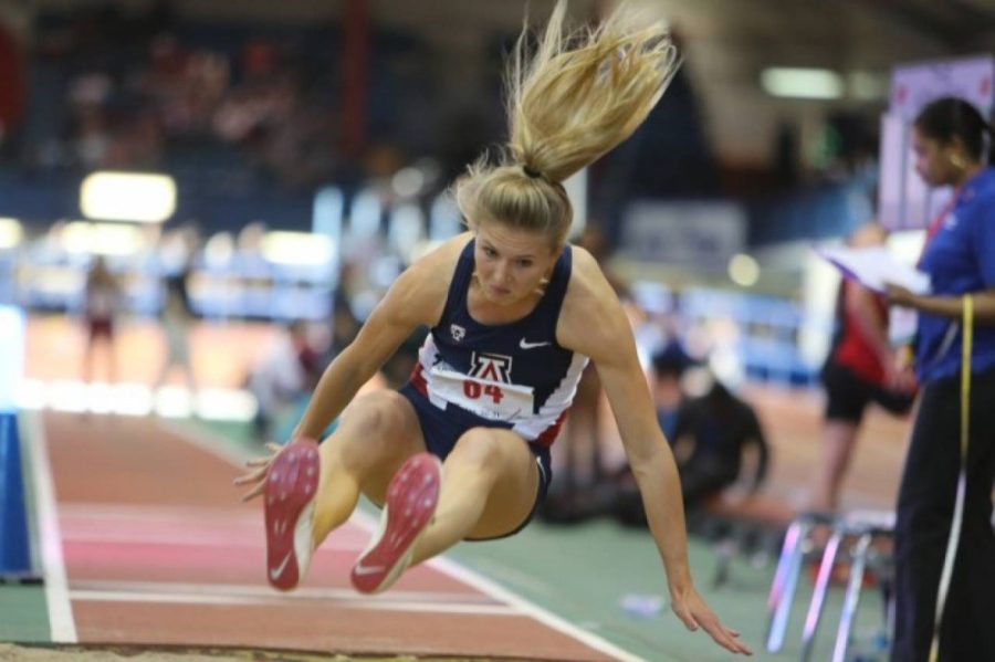 Arizona track and field combined events athlete long jumps in the 2016 Lumberjack Team Challenge at NAU on Jan. 16. Thompson placed second at the Lumberjack Team Challenge. 
Photo Courtesy of Arizona Athletics