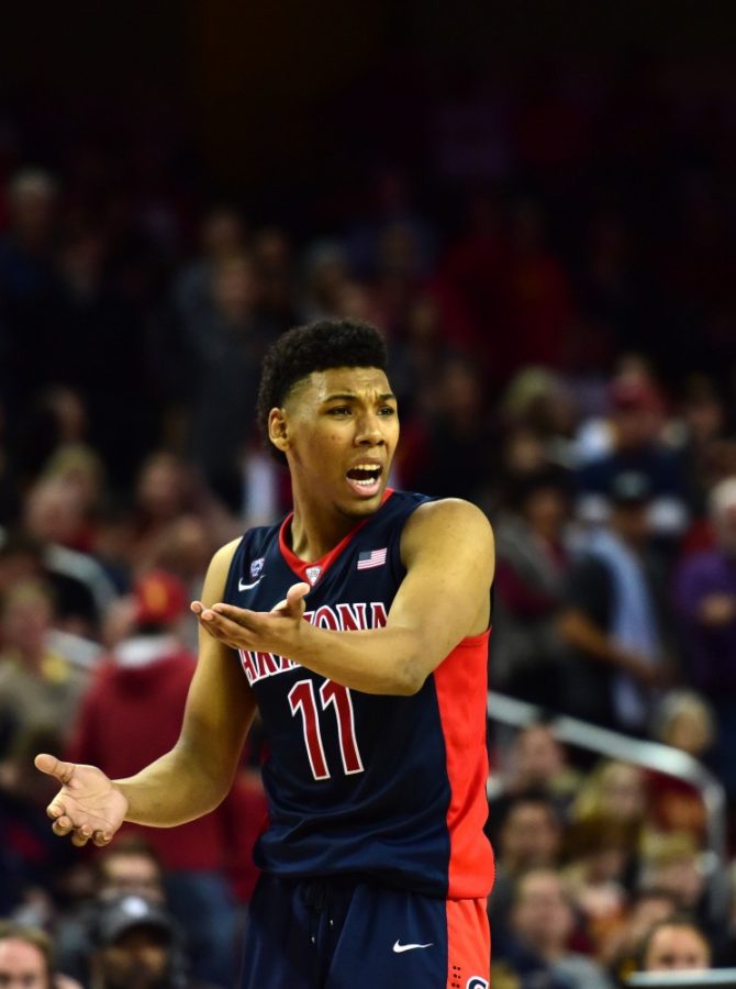 Arizona+guard+Allonzo+Trier+%2811%29+looks+on+incredulously+as+a+foul+is+called+on+Saturday%2C+Jan.+9+in+Los+Angeles.+Miller+spoke+with+the+media+Tuesday+about+upcoming+games+without+Trier+and+who+can+potentially+replace+him+in+the+starting+lineup.+