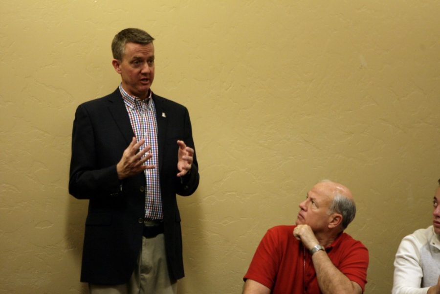 Arizona Athletics director Geg Byrne speaks at an ASUA meeting on Wednesday, Jan. 27. Byrne proposed a new athletics fee to the senate.