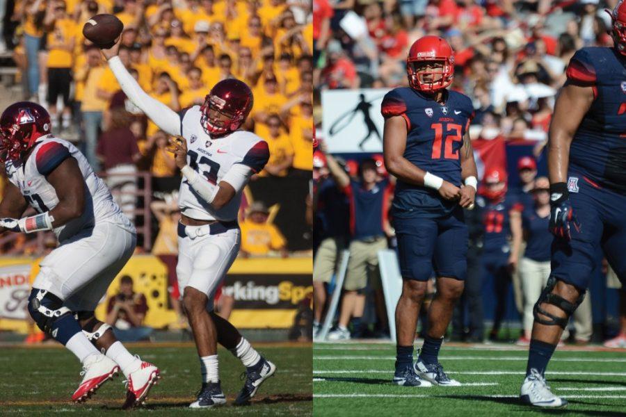Arizona quarterbacks Brandon Dawkins (13, left) and Anu Solomon (12, right) are two of the four quarterbacks on the UA roster in 2016. Solomon is expected by many to get most of the reps during spring ball. 