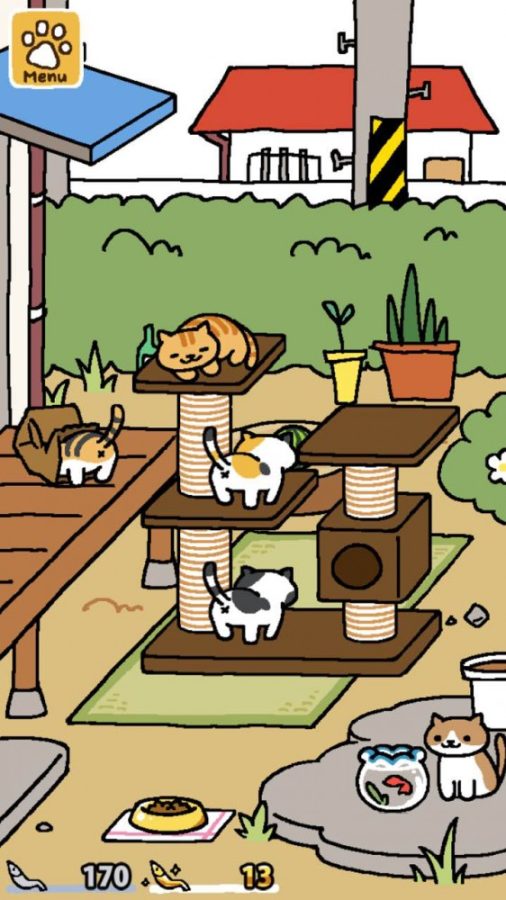 Screenshot of Neko Atsume: Kitty Collector, an app that allows you to collect and take care of virtual kittens.
