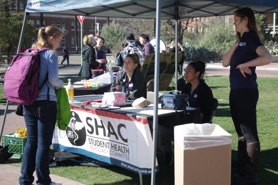 The Student Health Advocacy Committee tent on the UA Mall on Wednesday, Feb. 24. Campus groups will be spending time on the UA Mall this month in an effort to help improve students body images.
