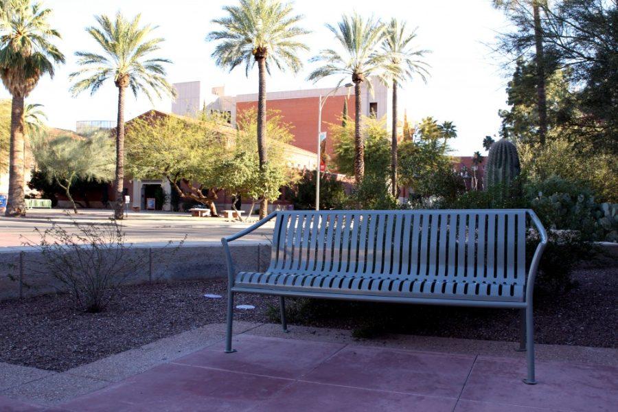 An empty bench on the steps of Old Main on UA campus on Sunday, Feb. 14. A new bill, HB 2615, proposes to do away with specific free speech zones on public universities and colleges in Arizona.