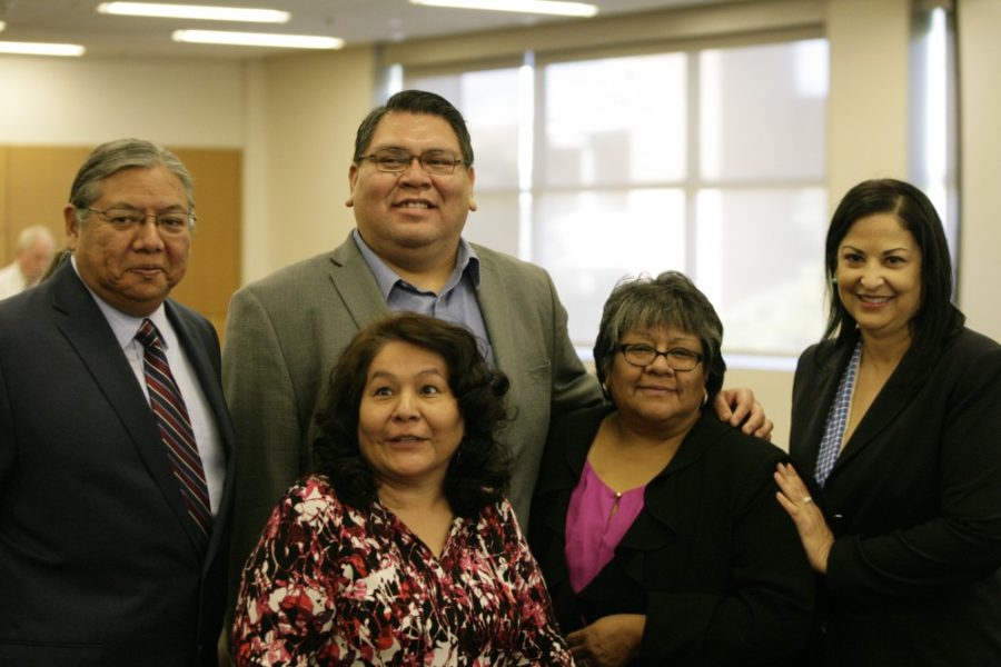 Right to left, Maria Dadgar, executive director of the Inter Tribal Council of Arizona, Regent LuAnn Leonard, Travis Lane, assistant director of the ITCA, Brenda Loritz, president of NAUs graduate student governments and Jacob Moore, associate vice president of tribal relations for ASU pose for a photo on Friday following the conclusion of the February Regents board meeting. The Board moved to approve a revision to the 2011 Tribal Consultation policy. 