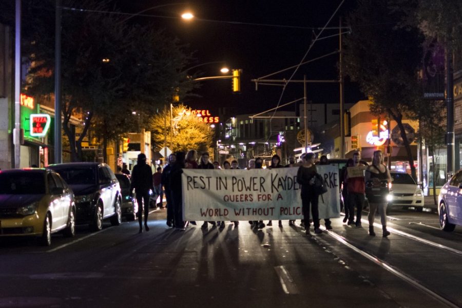 Protesters+take+the+street+and+march+west+on+Congress+Street+from+the+Ronstadt+Transit+Center+in+downtown+Tucson+on+Thursday%2C+Feb.+11.+The+group+demonstrated+in+response+to+the+recent+killing+of+Kayden+Clarke%2C+a+transgender+man%2C+by+Mesa%2C+Ariz.+police%2C+according+to+a+flier+distributed+by+the+protesters.