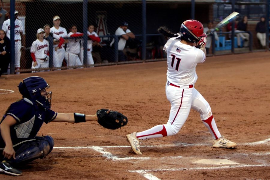 Arizona+infielder+Mo+Mercado+%2811%29+hits+a+ball+at+Hillenbrand+Stadium+on+Sunday%2C+March+6.+The+Wildcats+displayed+some+inconsistency+and+had+some+struggles+early+in+the+season.+