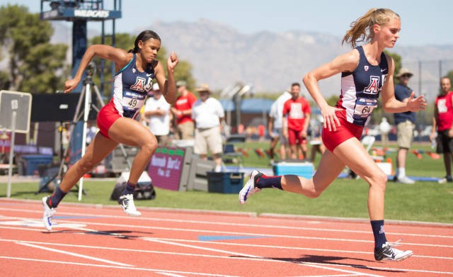 Arizona track and field athletes and Tatum Waggoner run a race against ASU on March 26 in Tempe, Arizona. 