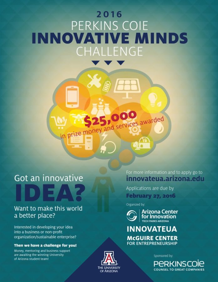A promotional poster for the Perkins Coie Innovative Minds Challenge. The challenge gives students the chance to commercialize their innovations with prizes and resources.
