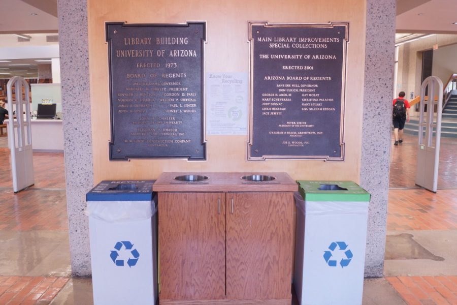 Wastebaskets for the Wildcat Waste Challenge found on the first floor of the UA Main Library. Students for Sustainability hosts the challenge for the month of March that aims to educate students on recycling and other Eco-friendly habits. 