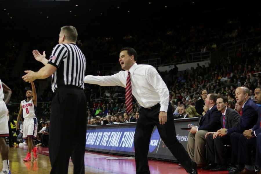 Arizona basketball coach Sean Miller shouts at his team during the first round of the NCAA Tournament in Providence, Rhode Island on Thursday, March 17. Miller led Arizona to a 25-9 record this season. 