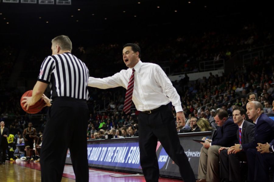 Arizona+basketball+coach+Sean+Miller+yells+at+a+referee+during+Arizonas+game+against+Wichita+State+on+Thursday+March+17+in+Providence%2C+Rhode+Island.