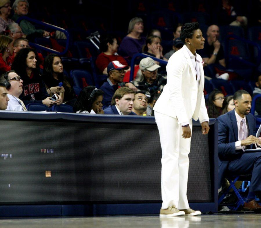Arizona womens basketball coach Niya Butts stares across McKale Center in disbelief during Arizonas 63-56 win against USC on Friday, Feb. 5. Butts and the Wildcats defeated USC on Sunday in Los Angeles to gain momentum heading into the Pac-12 Conference Tournament.