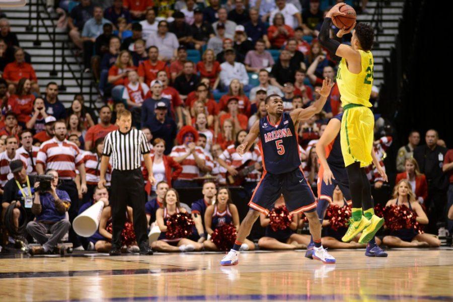 University of Oregon forward Dillon Brooks (24) shoots a 3 over Arizona guard Kadeem Allen (5) during the Pac-12 Tournament on Friday, March 11 in Las Vegas. Oregon is the only remaining Pac-12 Conference team in the NCAA Tournament.