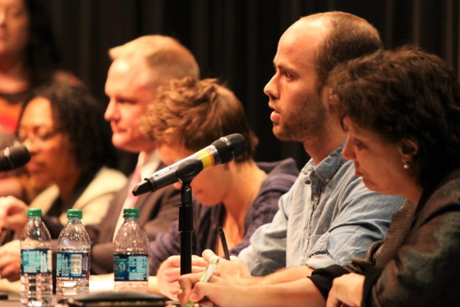 Devon Maule, a former UA student and current adviser in the Mel and Enid Zuckerman College of Public Health, addresses the audience during the Fearless Expression: Religion, Politics and Free Speech at the University of Arizona panel discussion. Boundaries of the first amendment, responsibilities of the university and how students can combat speech they think is offensive were all topics of the night. 