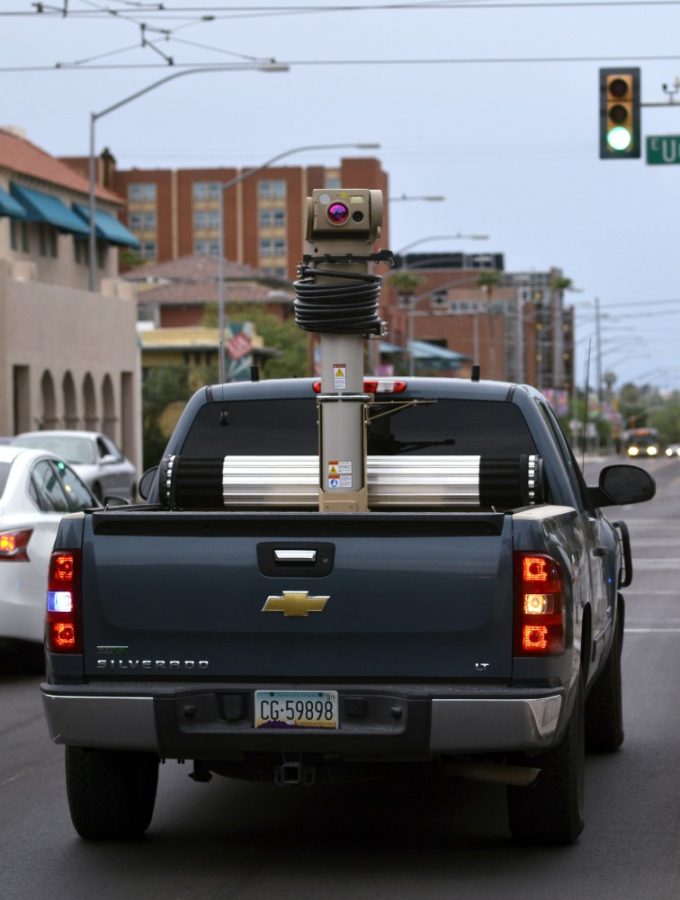 A truck from Pima County Sheriffs Department watches over an anti-Islamophobia demonstration near the UA campus on July 19, 2015 with the Freedom-On-The-Move camera system. The agency primarily funded the equipment with Operation Stonegarden grant funds.

