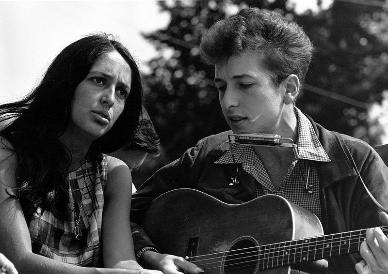 Bob Dylan with Joan Baez during the civil rights March on Washington For Jobs and Freedom in August 1963. Dylan is known for his anti-war songs including The Times Are A-Changin and Masters of War 