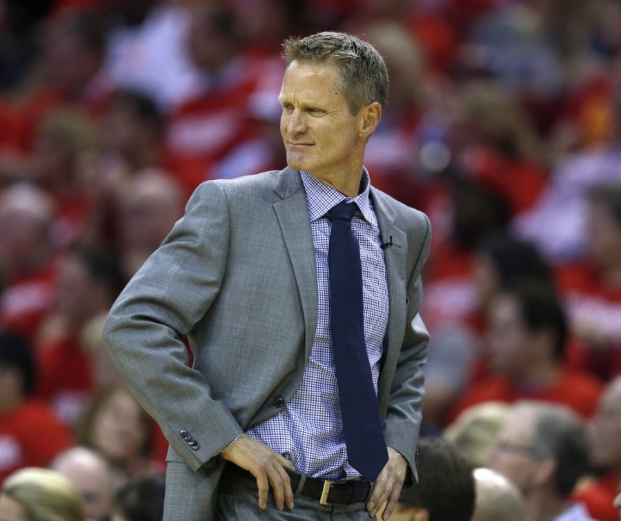 Golden State Warriors head coach Steve Kerr reacts to a call during the second quarter against the Houston Rockets in Game 3 of the NBA Western Conference finals at the Toyota Center in Houston on Saturday, May 23, 2015. (Nhat V. Meyer/Bay Area News Group/TNS)