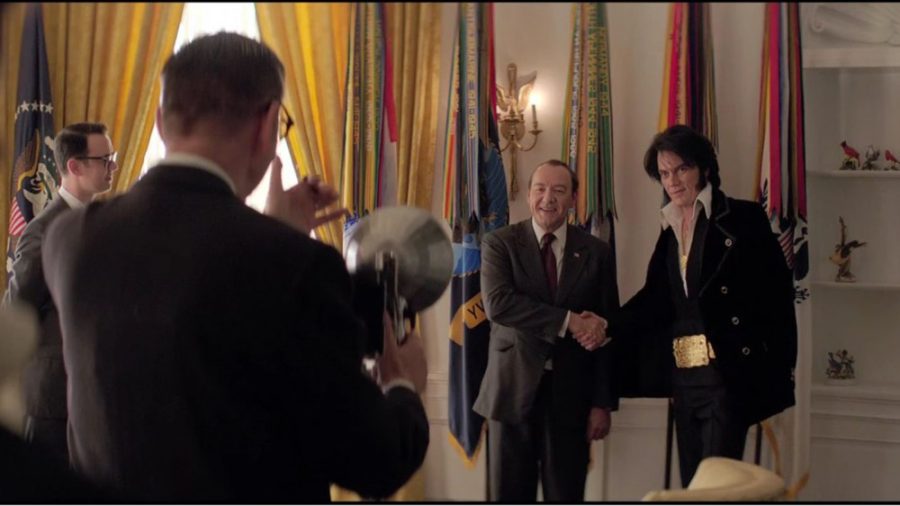 Still from Elvis & Nixon starring Michael Shannon as Elvis and Kevin Spacey as Nixon.