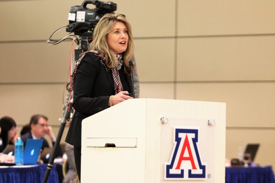 Arizona Board of Regents President, Eileen Klein addresses the regents on April 7 at the UA. Klein recently showed her displeasure with Harts position with the DeVry Education Group. 