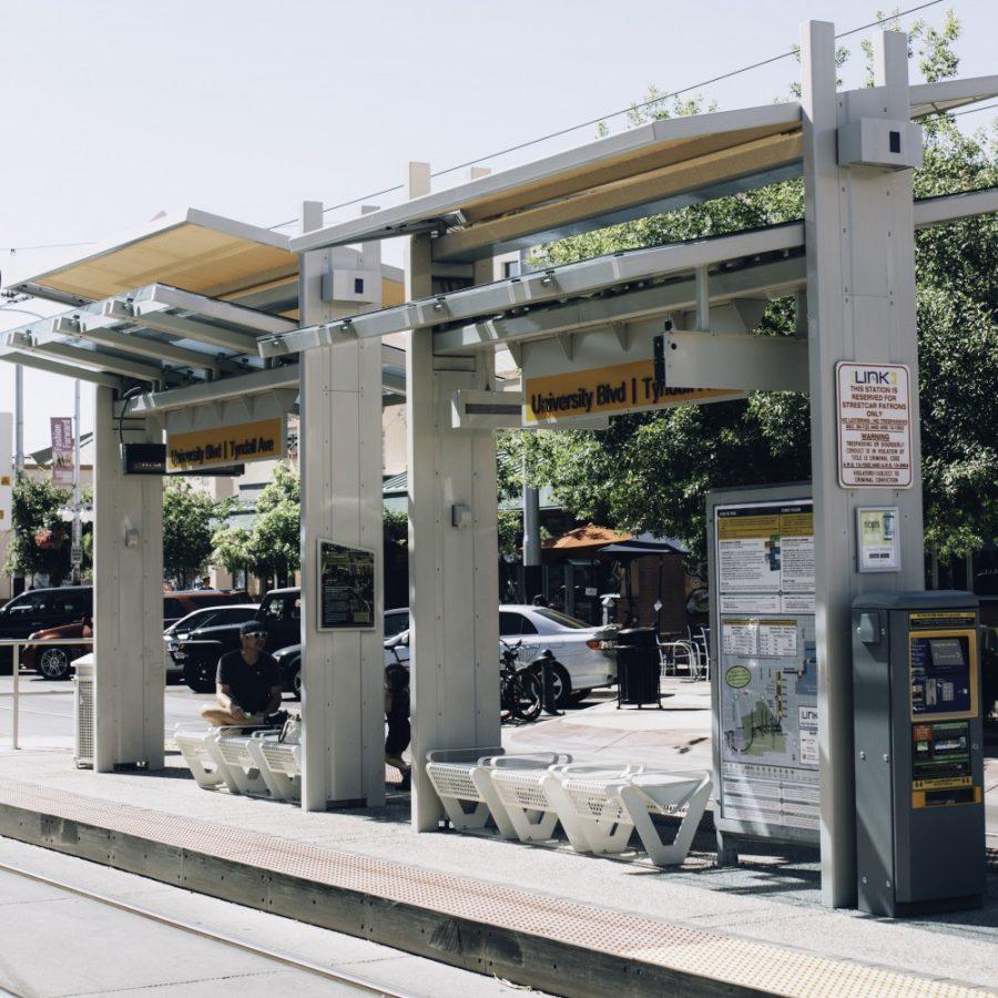 The University Boulevard Sunlink station sits empty, except for those seeking shade, on Sunday, April 17. Although the streetcar is a convenient way to get around campus, it sometimes has its problems.