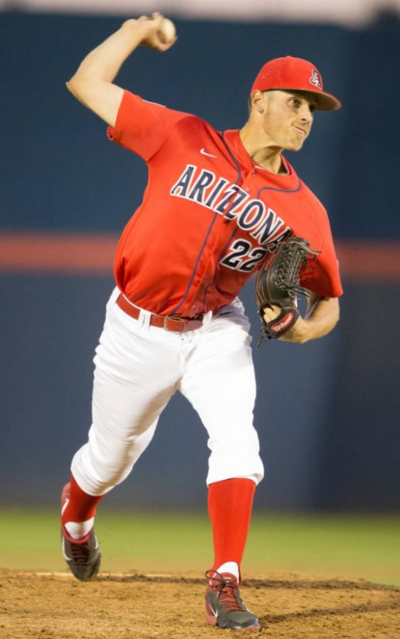 Arizona pitcher Kevin Ginkel pitches against New Mexico State on April 20.