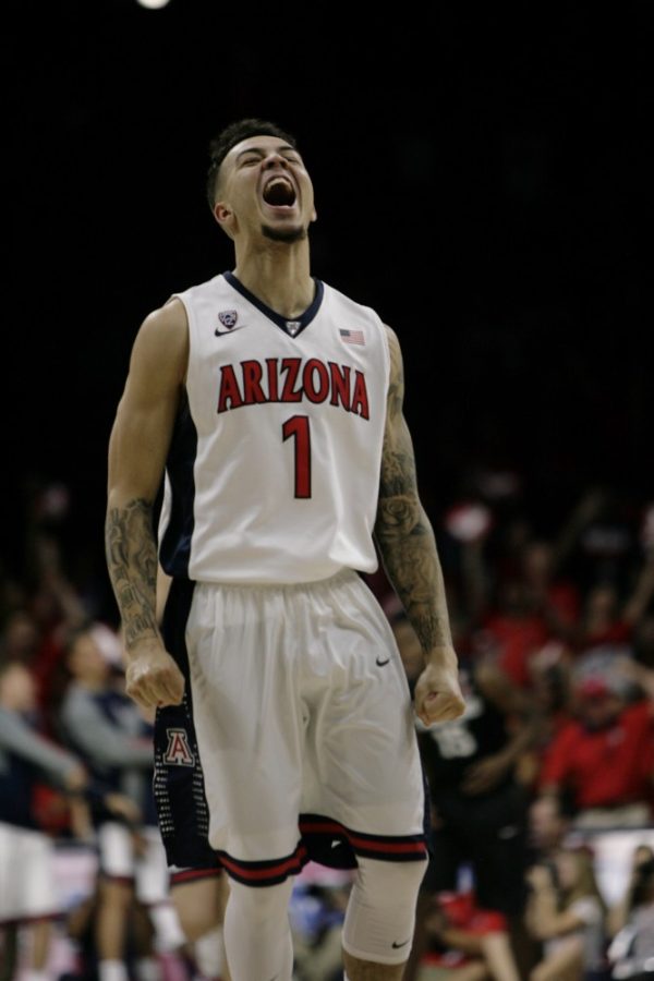 Arizona forward Gabe York (1) roars after knocking down one of nine 3-pointers on Senior Day on Saturday, March 5.