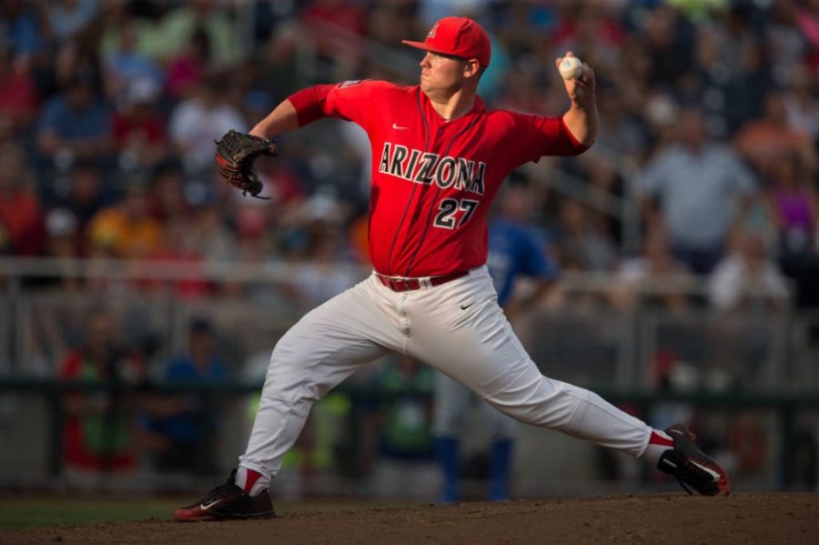 Arizona pitcher JC Cloney (27) pitches against UC Santa Barbara on June 22 in Omaha, Nebraska at the College World Series.