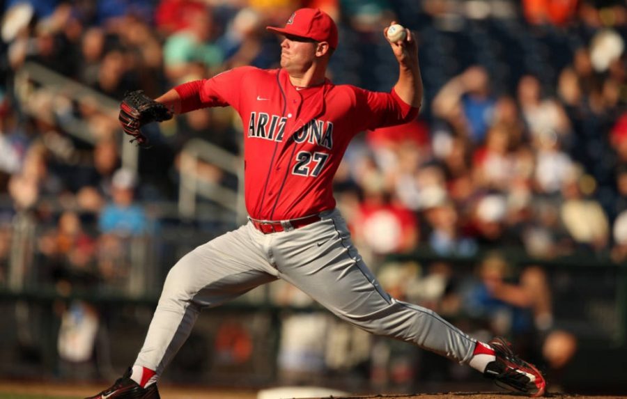 Arizona pitcher JC Cloney (27) pitches against UC Santa Barbara on June 22 in Omaha, Nebraska at the College World Series. The Wildcats defeated Coastal California in the first round of a best-of-three series on Monday, June 27.
