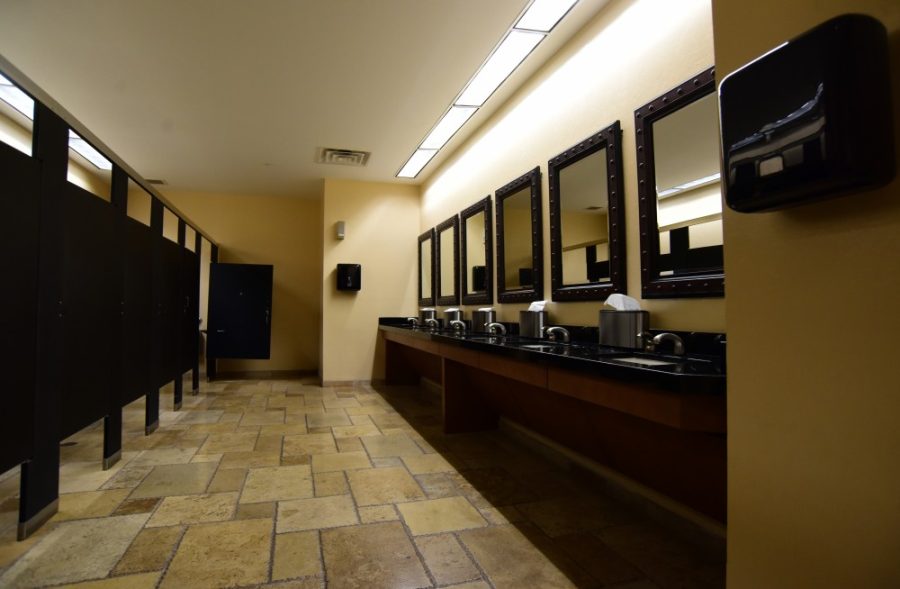 The womens bathroom outside of the North Ballroom that was empty during the time of this photo in the Student Union Memorial Center on Saturday, Aug. 27, 2016. The bathroom features glossy tile floors, decorative mirrors, and silver hardware.