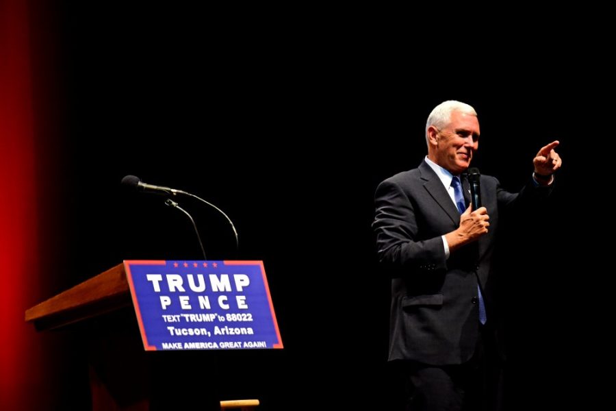 Indiana Gov. Mike Pence addresses the audience during his town hall meeting at the Fox Theatre in Downtown Tucson on Tuesday, Aug. 2, 2016. In his speech, Pence spoke about the potential outcome of Donald Trump becoming the next president of the United States.