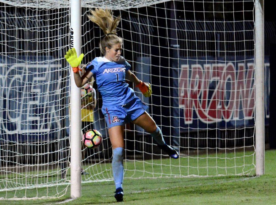 Arizona goalkeeper Lainey Burdett (1) just misses a save and allows the match-winning point against Colorado at Murphey Field at Mulcahy Soccer Stadium on Thursday, Sept. 29, 2016. The Buffs beat the Wildcats 1-0.