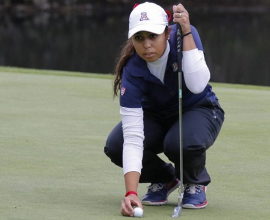 Arizona womens golf junior Krystal Quihuis sizes up a putt at the NCAA tournament. The Wildcats travel to Golf, Illinois. this weekend to participate in the Windy City Classic.