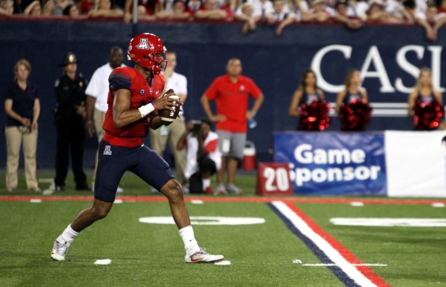 Arizona quarterback Brandon Dawkins (13) throws the ball in the Grambling State game on Saturday, Sept. 10. Dawkins is expected to start again this Saturday versus Hawaii.