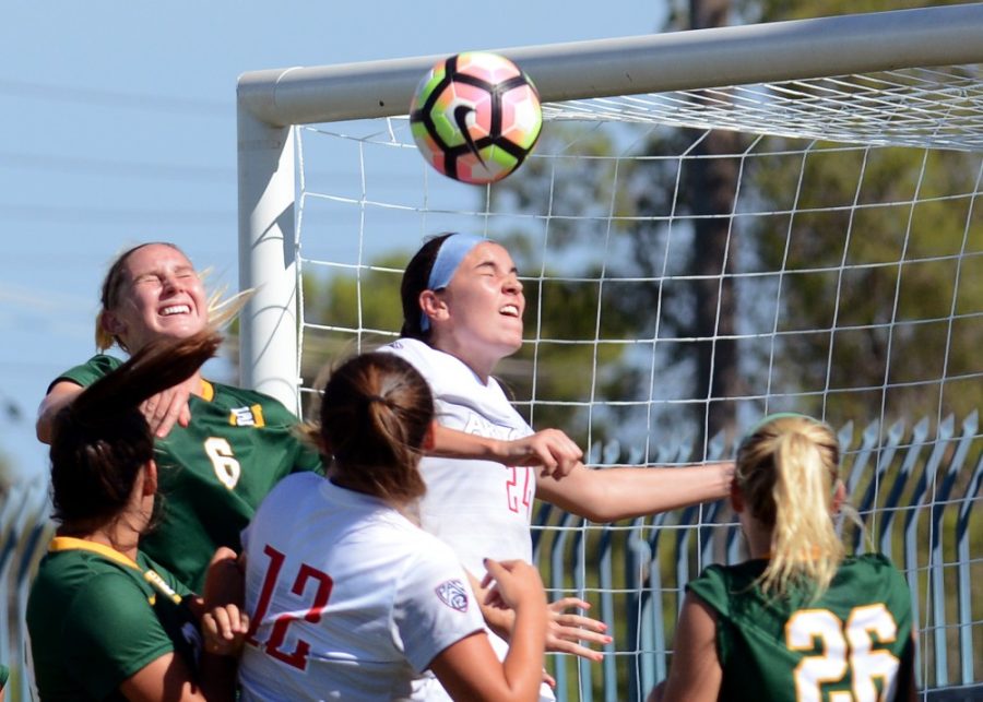 Arizona defender Hannah Stevens (24) knocks in a header to score against the San Francisco Dons on the second day of the Arizona Cats Classic at Murphey Field at Mulcahy Soccer Stadium in Tucson, Ariz. on Sunday, Sept. 11, 2016. The Wildcats won against the Dons 1-0.