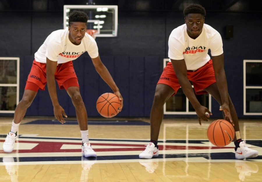 Kobi Simmons (left) and Rawle Alkins (right) dribble down the court of the Richard Jefferson practice facility during mens basketball media day on Thursday, Sept. 29. Simmons and Alkins are both five-star recruits and members of Arizonas incoming 2016-17 team.