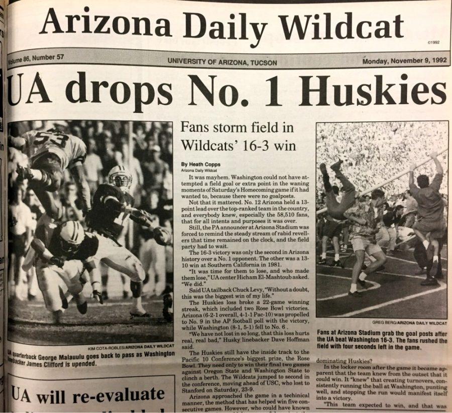 Arizona+Daily+Wildcat+clipping+from+the+1992+Homecoming+football+game+against+Washinton.