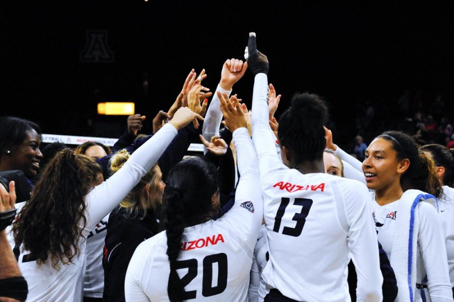 Arizona volleyball celebrates its win against Oregon State Friday, Sept. 30. The team won its recent match against UCLA 3-2 Sunday, Oct. 9, making this the second win against a ranked team in the weekend.