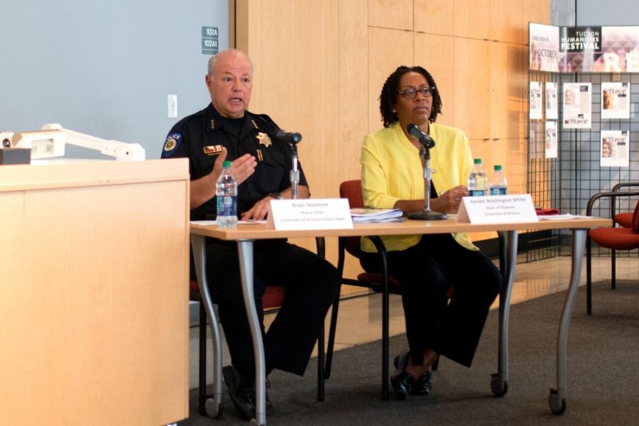 Brian Seastone, Chief of Police, and Kendal Washington White, Dean of Students, answer questions in the Rubel Room of the Helen S. Schaefer Building on Friday, Sept. 30.
