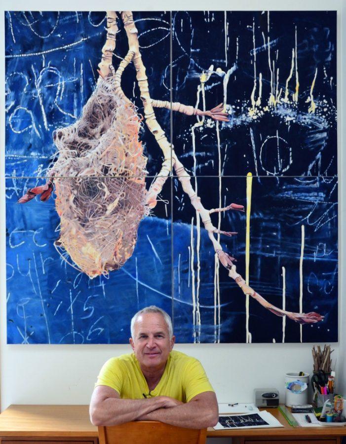 Tucson+artist+Michael+Haykin+poses+in+front+of+his+oil+paintings+%26%238220%3BOriole+Nest.%26%238221%3B+This+four-panel+72x72+inches+oil+on+canvas+painting+is+one+of+the+art+pieces+that+is+running+at+Haykin%26%238217%3Bs+upcoming+exhibition+at+the+University+of+Arizona+Art+Museum.