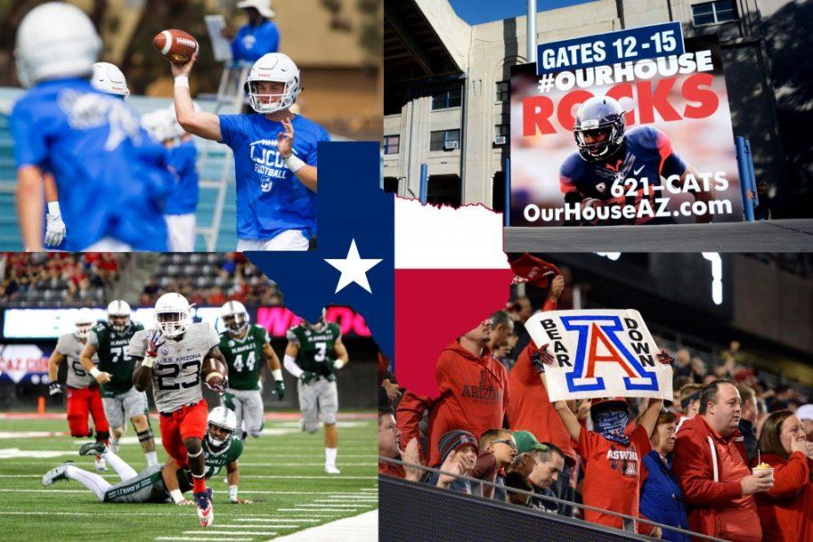 (Top left) Braxton Burmeister is the 10th overall rated quarterback in the 2017 recruiting class and expected to compete immediately for the starting quarterback position (Photo by Courtesy Chadd Cady / The San Diego Union-Tribune). (Top right) A sign near the southwest corner of Arizona Stadium bears the slogan #OurHouse on Tuesday, Nov. 29 (Photo by Alex McIntyre). (Bottom left) Arizona running back JJ Taylor runs toward the end zone for a touchdown against the University of Hawaii on Saturday, Sept. 16 (Photo by Jesus Barrera). (Bottom right) A young Arizona Wildcats fan proudly displays his sign after an Arizona touchdown during the first half the 2016 Territorial Cup at Arizona Stadium on Friday, Nov. 25 (photo by Alex McIntyre).