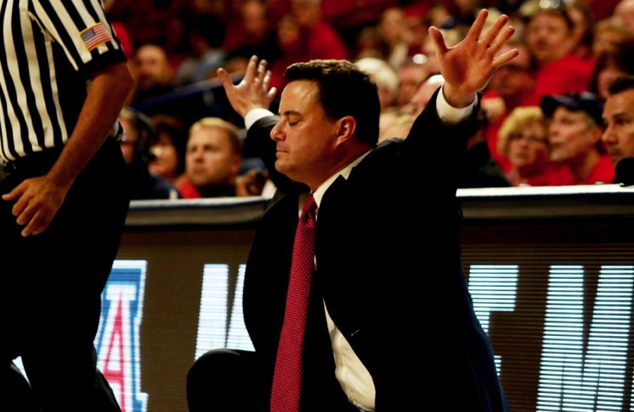 Arizona+basketball+coach+Sean+Miller+preaches+to+his+defenders+to+get+their+hands+up+during+Sundays+exhibition+game+against+Chico+State.+The+Wildcats+created+13+turnovers+in+a+78-70+victory.
