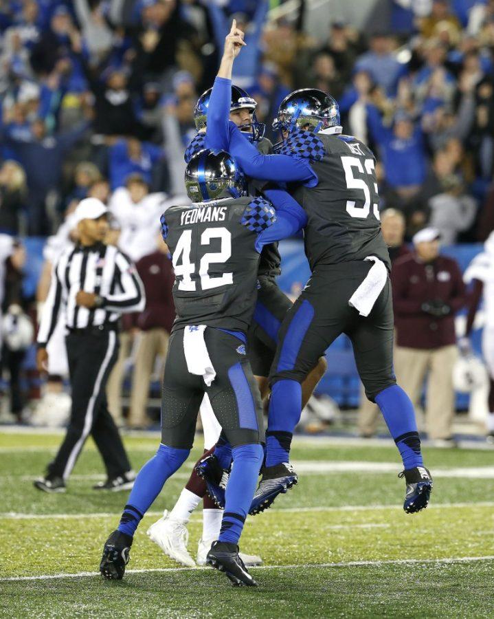 Kentucky+kicker+Austin+MacGinnis%2C+middle%2C+celebrates+a+game-winning+field+goal+in+the+fourth+quarter+against+Mississippi+State+at+Commonwealth+Stadium+in+Lexington%2C+Ky.%2C+on+Saturday%2C+Oct.+22%2C+2016.+Kentucky+won%2C+40-38.+%28Charles+Bertram%2FLexington+Herald-Leader%2FTNS%29