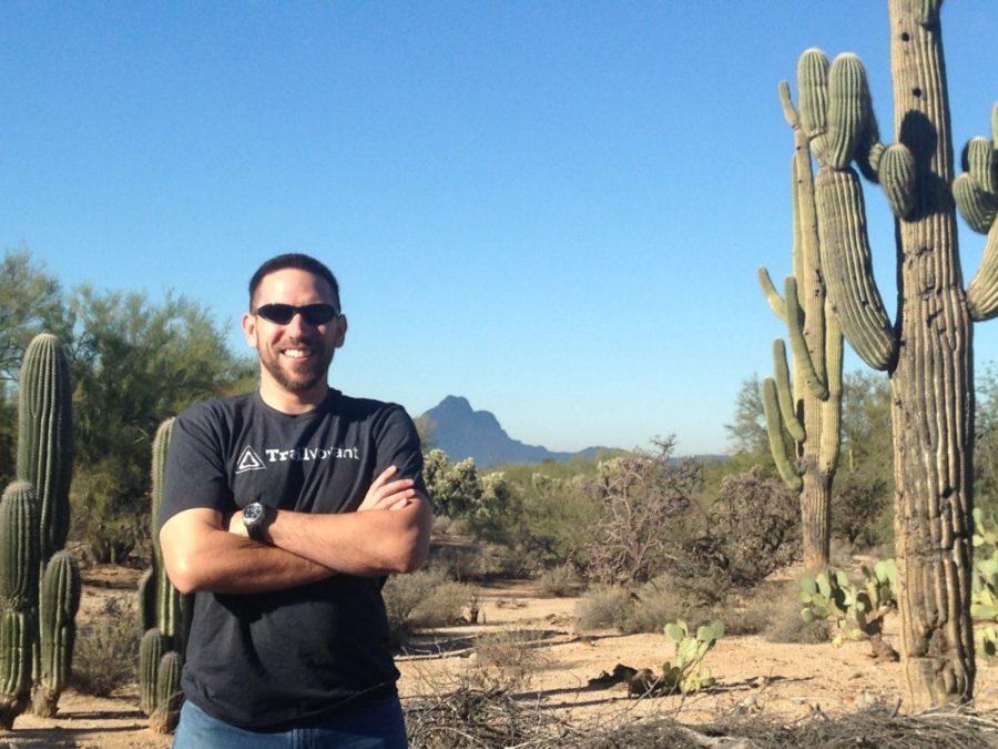 Geoffrey Schultz, founder of the web app Trailvoyant, stands in front of hiking trails in Phoenix, Arizona. Trailvoyant maps out over 1,600 miles of hiking trails in Arizona for users.