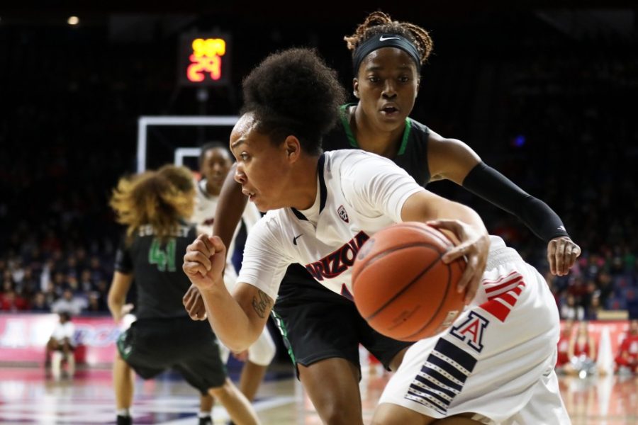 Arizona womens basketball guard Malena Washington charges past a North Texas point guard in McKale Center on Tuesday, Nov. 22. Washington scored a career high 26 points against New Mexico State on Sunday.